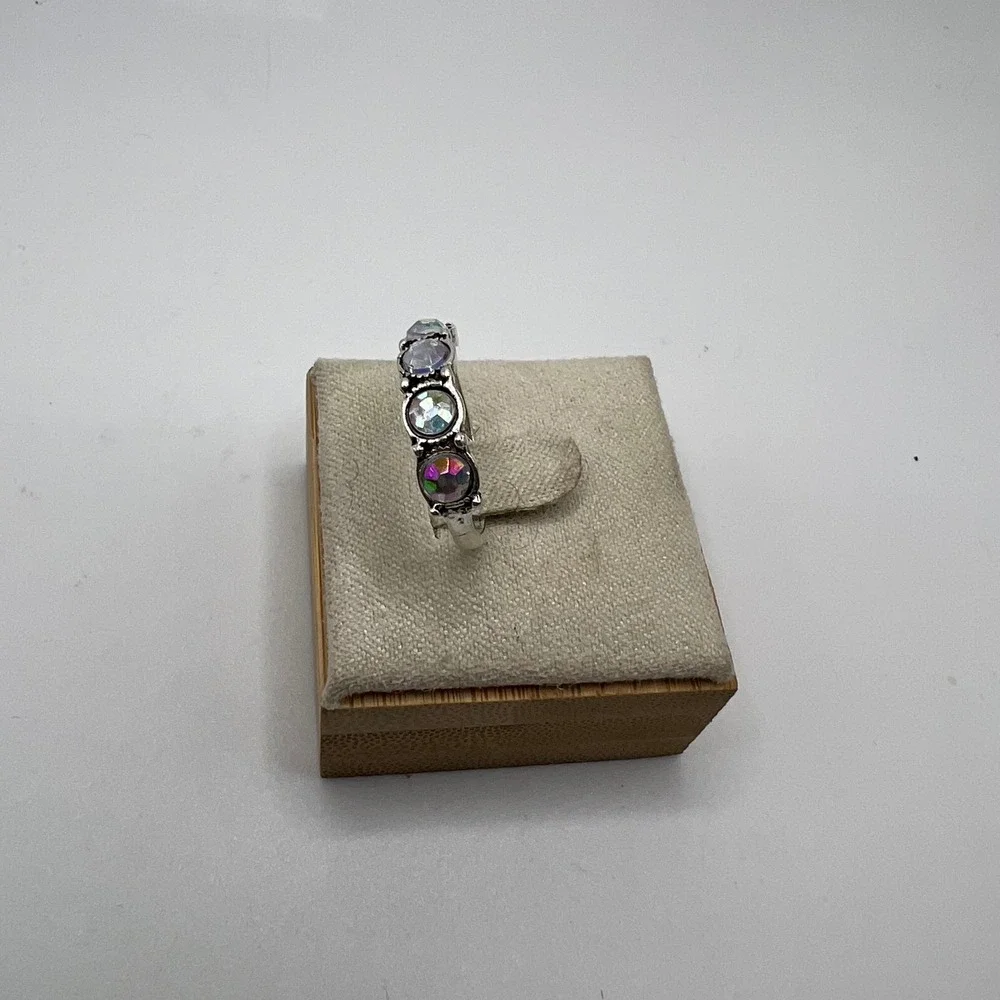 Silver Tone‎ Ring with Round Iridescent Rainbow Stones, Size 5.5